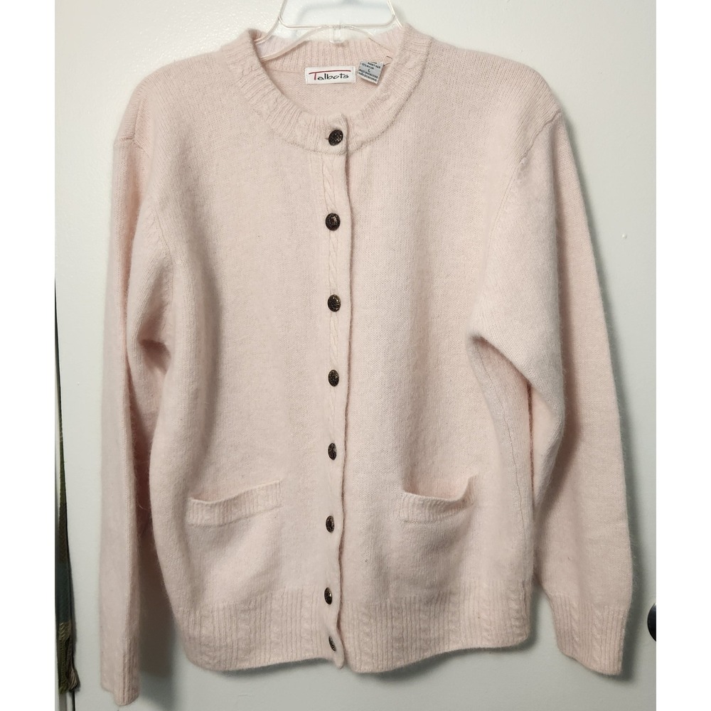 Talbots Women's Pink Lambswool Angora Pink Cable Knit Cardigan Large Buttons Vtg